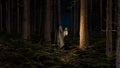 Cloaked mysterious figure emerges amongst the trees, illuminated by a lantern under a night sky. 3d render Royalty Free Stock Photo