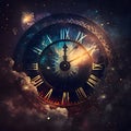 Clock against the sky of space. New Year\'s fun and festiv