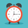 Clock alarm with ring. Icon of time and wake. Watch with shadow for bedroom. Morning deadline with alert. Red clock with face,