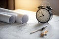 Clock, architectural drawings and compass tool on working table