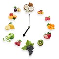 Clock arranged from healthy fruits isolated on white background.