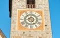 Clock of the bell tower of the Ursulinen Holy Saviour church in the historic city of Bruneck or Brunico, South Tyrol Royalty Free Stock Photo