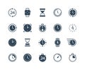 Clock black icons. Time and calendar infographic symbols with stopwatch alarm wristwatch and hourglass. Vector time