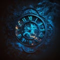 A clock that is on blue fire