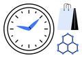 Clock with blue hands, shopping bag, and molecular structure for time, commerce, and science themes Royalty Free Stock Photo