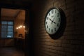 The clock on the brick wall of the room shows four o\'clock in the morning, the bar clock. Generation of AI Royalty Free Stock Photo
