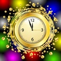 Clock on a bright christmas background with gold spangles