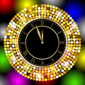 Clock on a bright christmas background with gold spangles