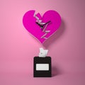 A clock in a broken heart shape and a package of handkerchiefs on a pink background.