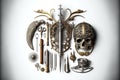 a clock with a bunch of different items on it\'s face and a skeleton on the clock face with a sword,