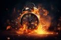 Clock burnt in fire on dark background generative AI
