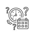 Clock and calendar with a question mark line black icon. Confusion with time and date. Dementia symptom. Memory loss. Sign for web