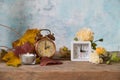 Clock change, two alarm clocks, retro style and modern, showing winter time and summer time, autumn leaves and flowers on rustic Royalty Free Stock Photo