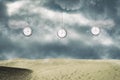 Clock from the cloudy sky, over the sand dunes. Different times. Time, sand. Time concept. Royalty Free Stock Photo