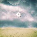 Clock from the cloudy sky, over the sand dunes. Square orientation. Time, sand. Time concept. Royalty Free Stock Photo