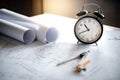 Clock, architectural drawings and compass tool on working table