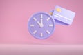 Clock And Credit Card Symbolize Period Time To Payment On Pink Pastel Backgrounds 3d Rendering