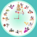 Clock with cute raccoons. Vector set of cartoon raccoons