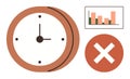 Clock with declining bar chart and red cross symbolizing time management challenges and missed deadlines Royalty Free Stock Photo