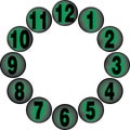 Clock dial black numbers on greenish sphere for the hours on transparent background