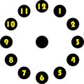 Clock dial enormous yellow numbers in circle hourly on black circle