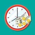 Clock, dollar banknotes and golden coins.