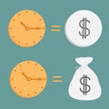 Clock and dollar coin and bag. Icons. Time is mone