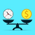 Clock and dollar on scales, balance. Time is money concept. Flat design of vector.