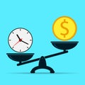 Clock and dollar on scales, disbalance. Time is money concept. Flat design of vector.