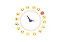 Clock emoticons of moods. Dial with arrow of characters red like with heart expression joyful and sad faces.