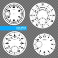 Clock face blank set isolated on transparent background. Vector watch design. Vintage roman numeral clock illustration. Black Royalty Free Stock Photo