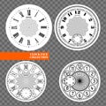 Clock face blank set isolated on transparent background. Vector watch design. Vintage roman numeral clock illustration. Black Royalty Free Stock Photo