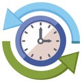 Clock face with circular arrows depicting continuous time flow, cycle, and process management Royalty Free Stock Photo