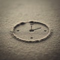 A clock face is drawn in the sand, featuring hour and minute hands with dots markin Royalty Free Stock Photo