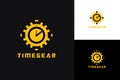 A clock face and gear-like shapes create a flat logo for a clock mechanic watch repair center