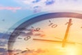 Clock face overlay with beautiful sunrise sky for good times working morning a new day concept Royalty Free Stock Photo
