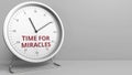 Clock with revealing TIME FOR MIRACLES caption. Conceptual 3D rendering