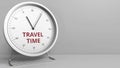 Clock face with revealing TRAVEL TIME text. Conceptual 3D rendering