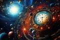 Clock face on space background. 3D rendering. Elements of this image furnished by NASA, Colorful abstract wallpaper texture Royalty Free Stock Photo