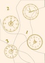 Clock face. Watch dials. Line and numbers. Silhouette timepieces. Time management. Hours and minutes measurement. Aged