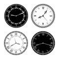 Clock faces. Elegant design parts watches with roman and arabic numerals, carved clock hands on white and black dial Royalty Free Stock Photo