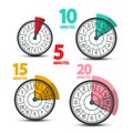 Clock Faces Icons with Five, Ten, Fifteen and Twenty Minutes Symbols. Royalty Free Stock Photo