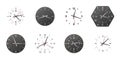 Clock faces. Realistic black or white watch dials with arrows and numbers. Time measurement. Mechanical timepiece shapes Royalty Free Stock Photo