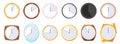 Clock faces set, wall kitchen or office clocks of different shapes and colors with dial