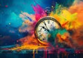 Clock in a fantastic and fantasy environment splashed with rainbow paint and powder. Digital art