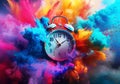 Clock in a fantastic and fantasy environment splashed with rainbow paint and powder. Digital art