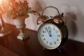 Clock and flower decoration on wooden vintage wall. Royalty Free Stock Photo