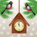 Clock in form house and bullfinchs on green branches Royalty Free Stock Photo