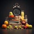 A clock and fruits on top of a stack of books