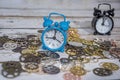 Clock gear wheels on table. Retro clock repairing abstract photo Royalty Free Stock Photo